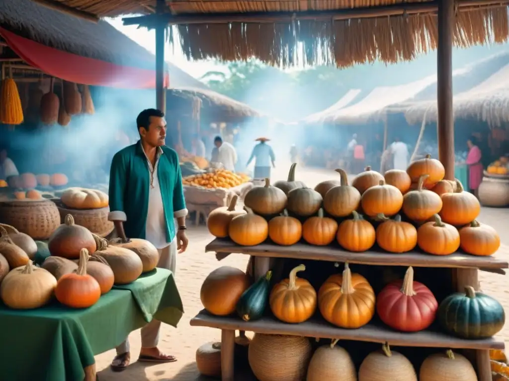 Escena colorida en un mercado Maya con calabazas en puestos de madera