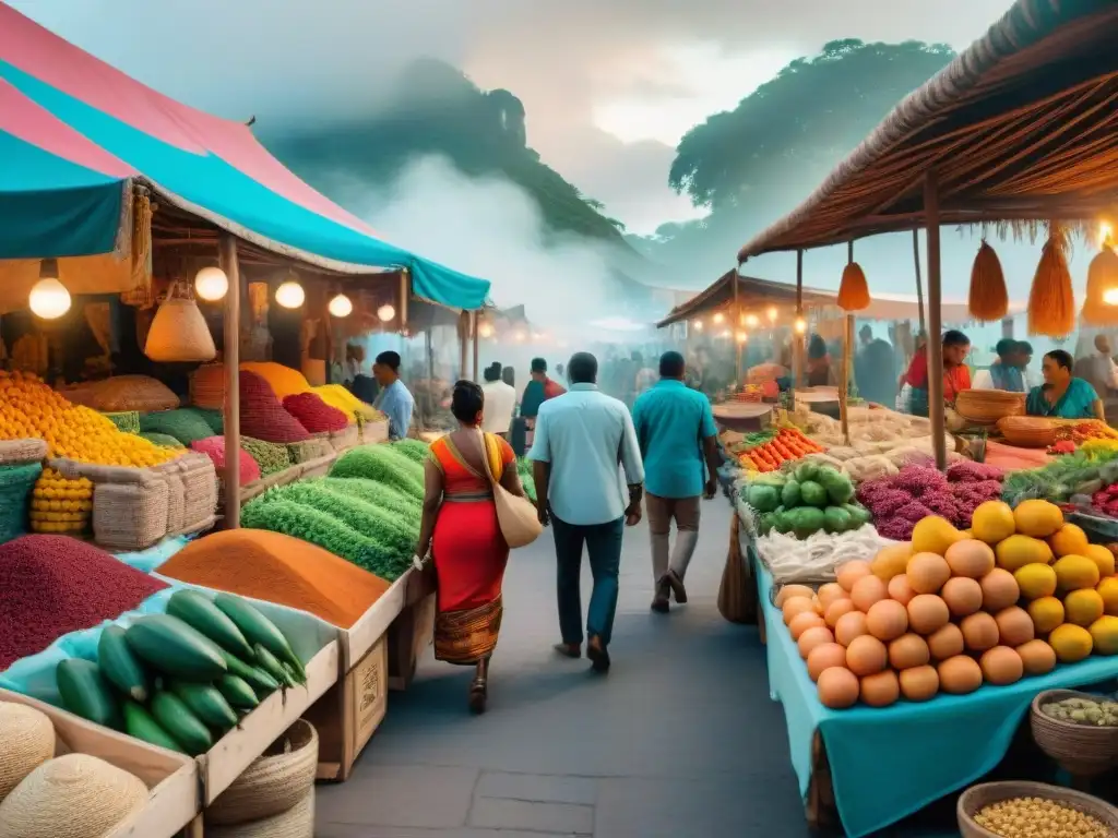 Escena de comercio entre mayas y caribeños en mercado urbano, con textiles, especias y frutas tropicales coloridas