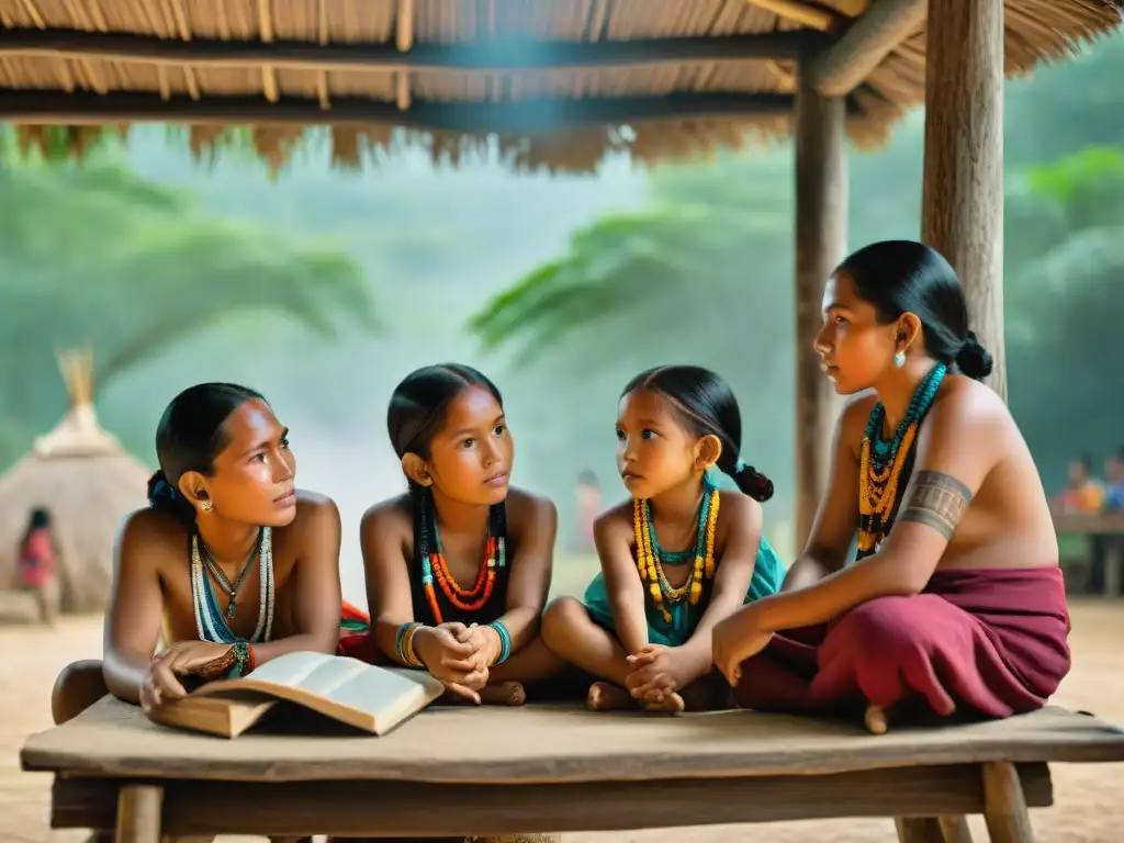 Escena de educación en comunidad maya: niños y maestra comparten sabiduría bajo un árbol, preservando la cultura