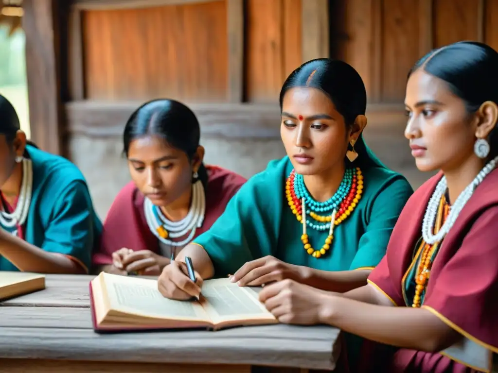 Escena de educación en comunidades mayas preservación: estudiantes mayas en clase tradicional con materiales coloridos, aprendiendo de un anciano