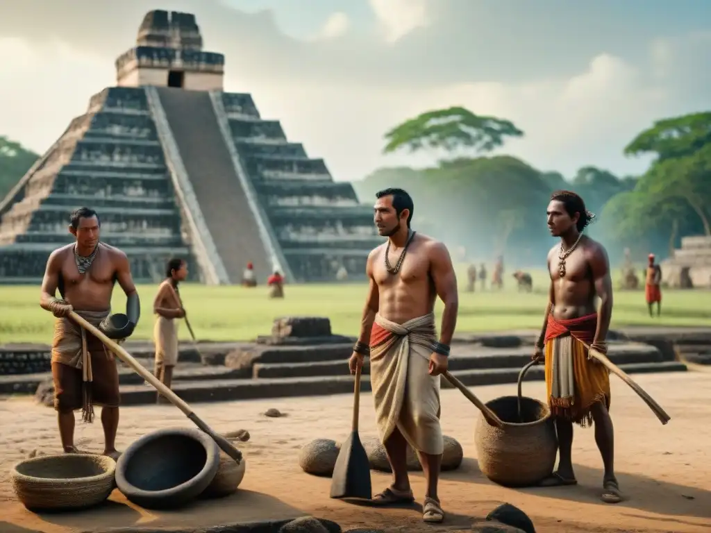 Escena desgarradora de esclavos mayas trabajando bajo el sol, reflejando el sistema de clases en sociedad maya