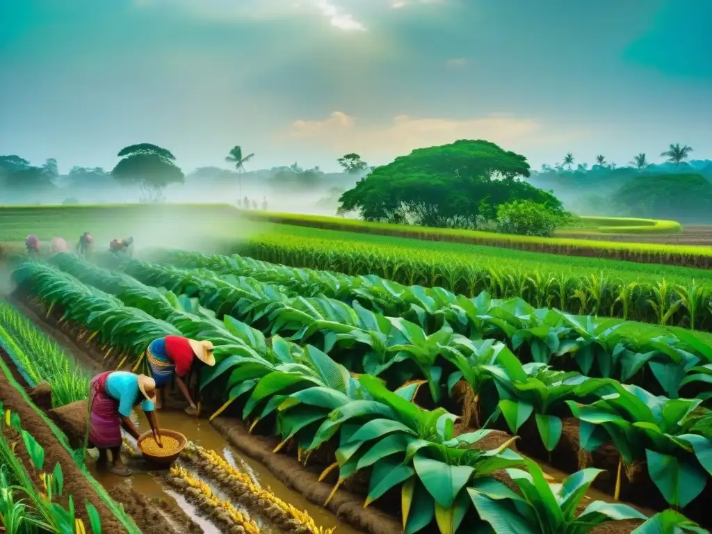 Una escena detallada de la agricultura maya, con campos de maíz, sistemas de riego y vegetación tropical exuberante