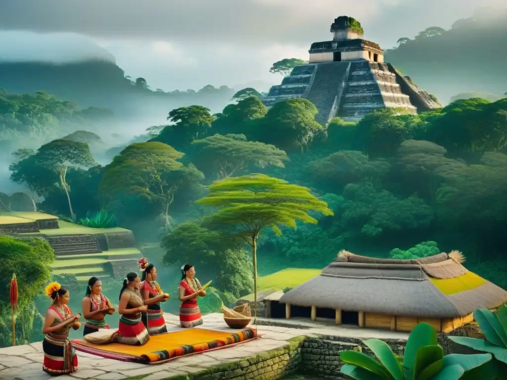 Escena detallada de una aldea maya tradicional, mostrando la influencia de la estructura social en la civilización maya