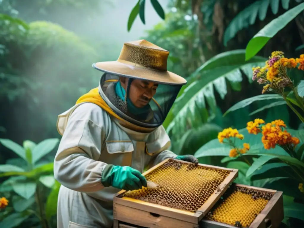 Una escena detallada de un apicultor maya inspeccionando una colmena de paja en la selva