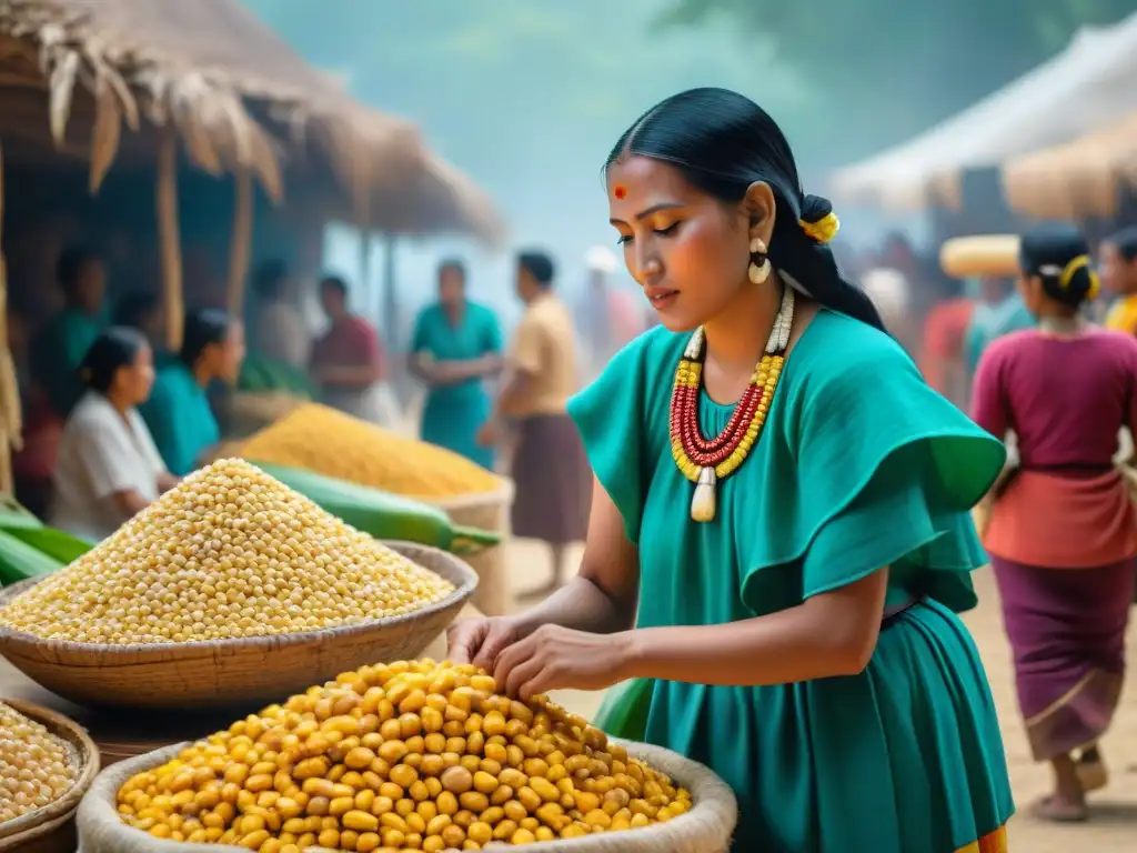 Escena detallada de un bullicioso mercado Maya, resaltando la importancia del maíz en cultura maya