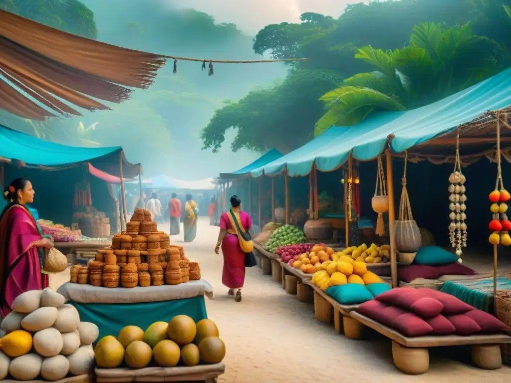 Escena detallada del bullicioso mercado maya, con textiles coloridos, cerámica intrincada, frutas exóticas y piedras preciosas