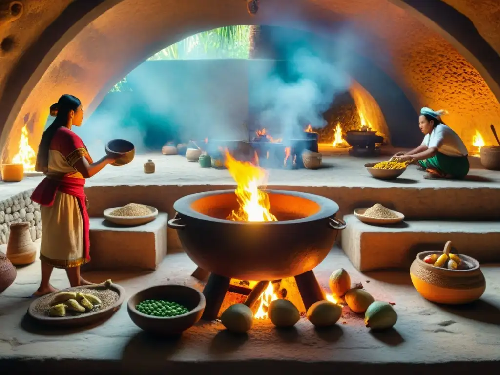 Escena detallada de una cocina ancestral maya, chefs preparando un festín