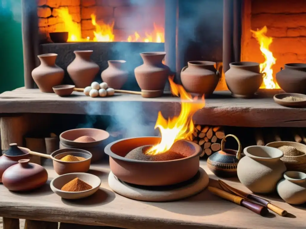 Escena detallada de una cocina maya tradicional con utensilios y mujer maya preparando recetas tradicionales gastronomía maya