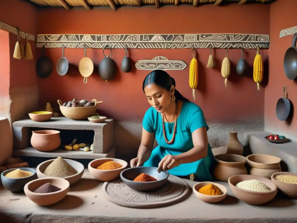 Una escena detallada de una cocina maya tradicional, con ingredientes vibrantes y una mujer maya preparando un platillo sobre una llama abierta