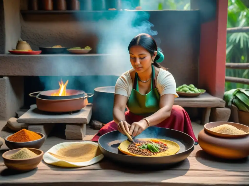 Una escena detallada de una cocina maya tradicional con una mujer maya cocinando tortillas a mano sobre un comal de barro