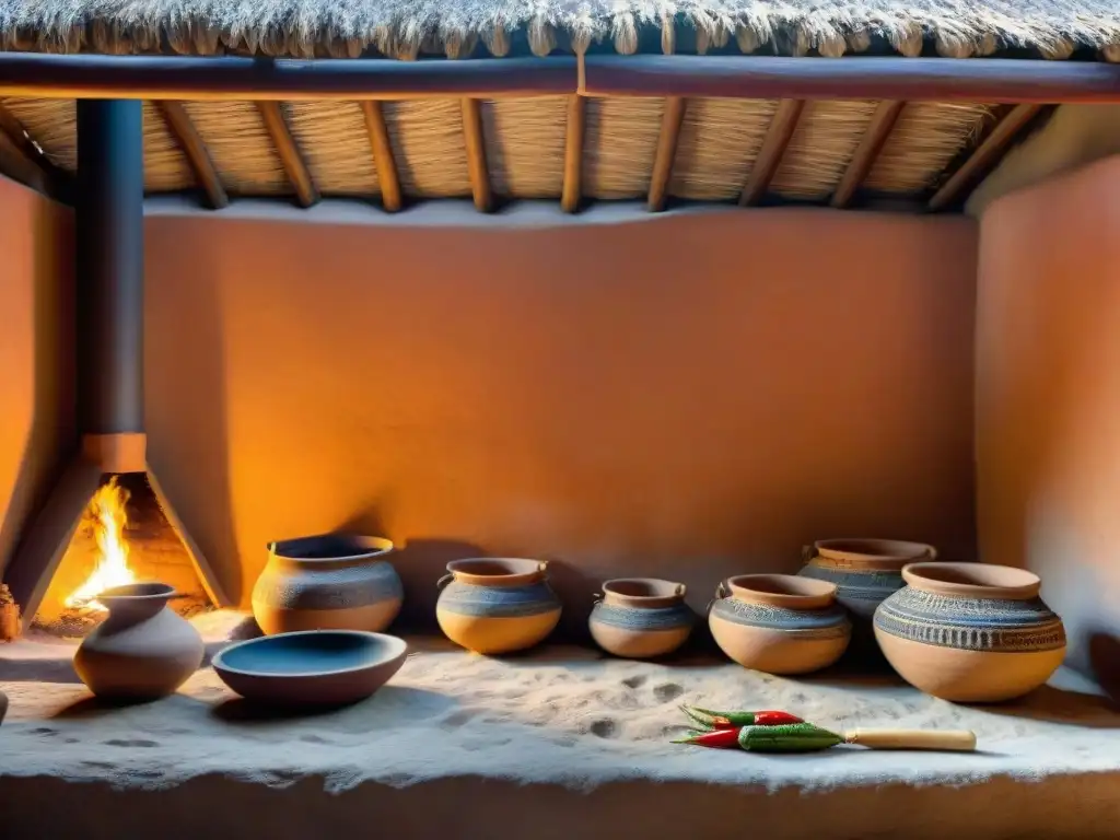 Escena detallada de una cocina maya antigua con ingredientes coloridos y utensilios tallados, destacando la alimentación maya hallazgos recientes