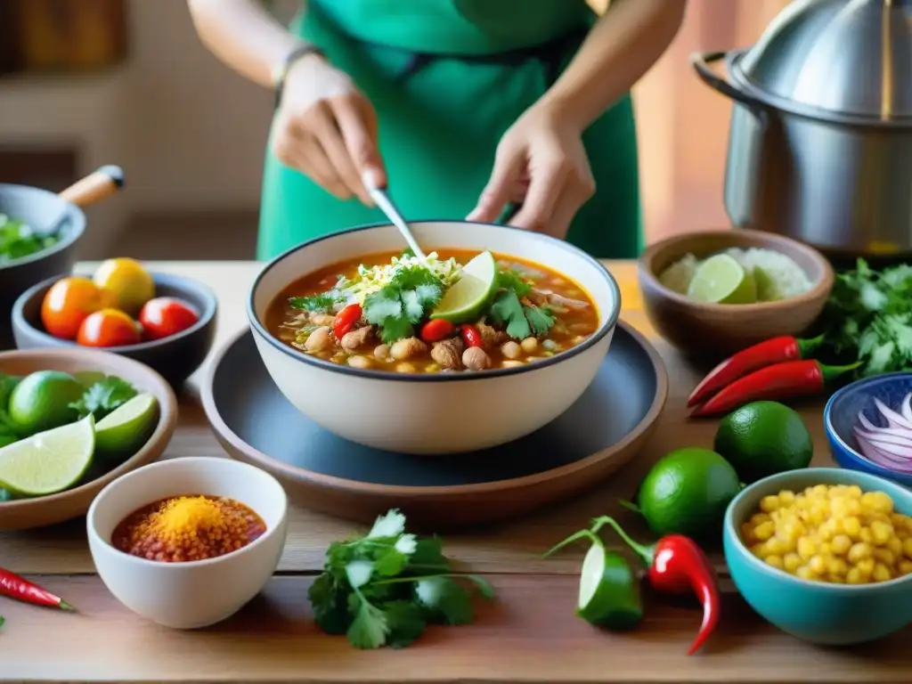 Una escena detallada de una cocina mexicana tradicional con un tazón de pozole humeante y coloridos ingredientes