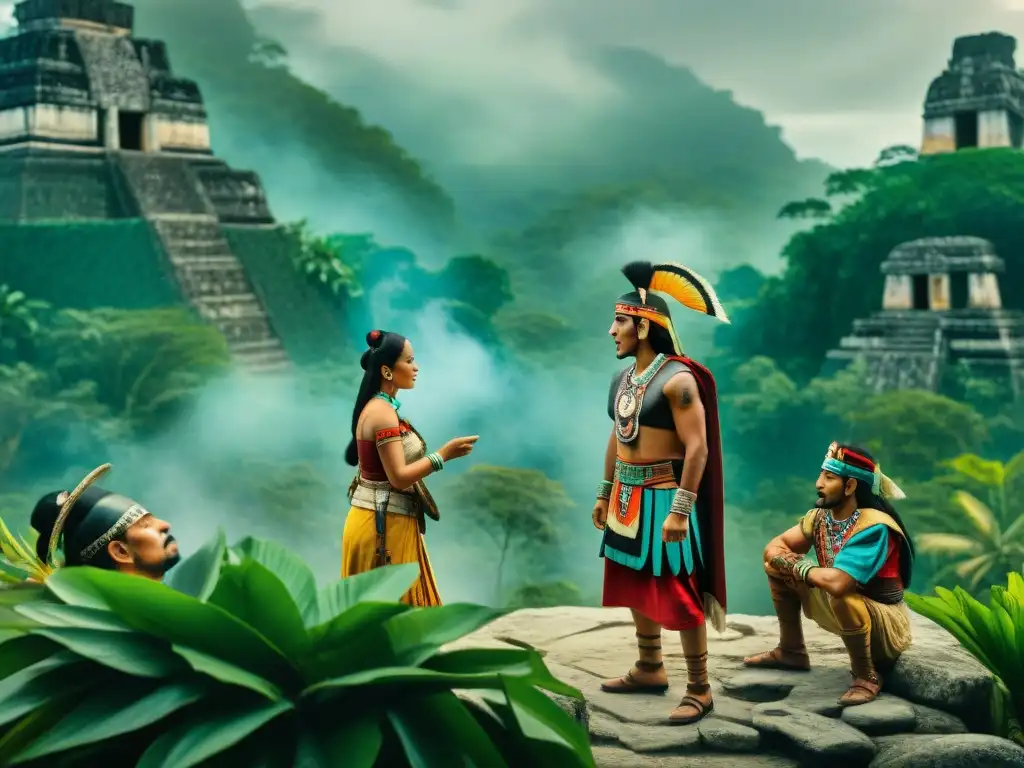 Una escena detallada de conflictos diplomáticos en la civilización maya, con actores y ruinas en la selva