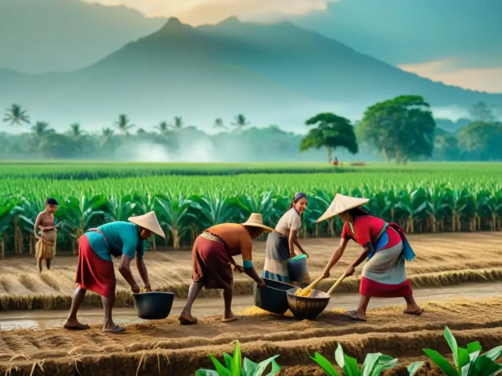 Escena detallada de esclavos y sirvientes mayas trabajando en campos de maíz bajo el sol abrasador