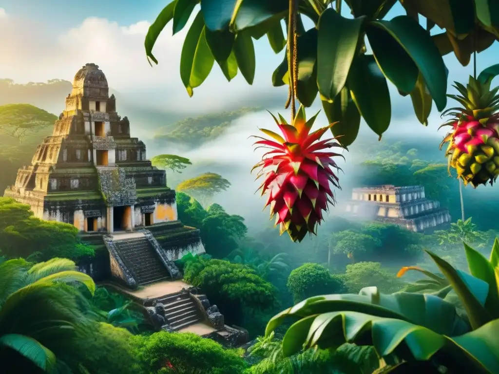 Escena detallada de la exuberante jungla tropical con ruinas mayas y frutas exóticas