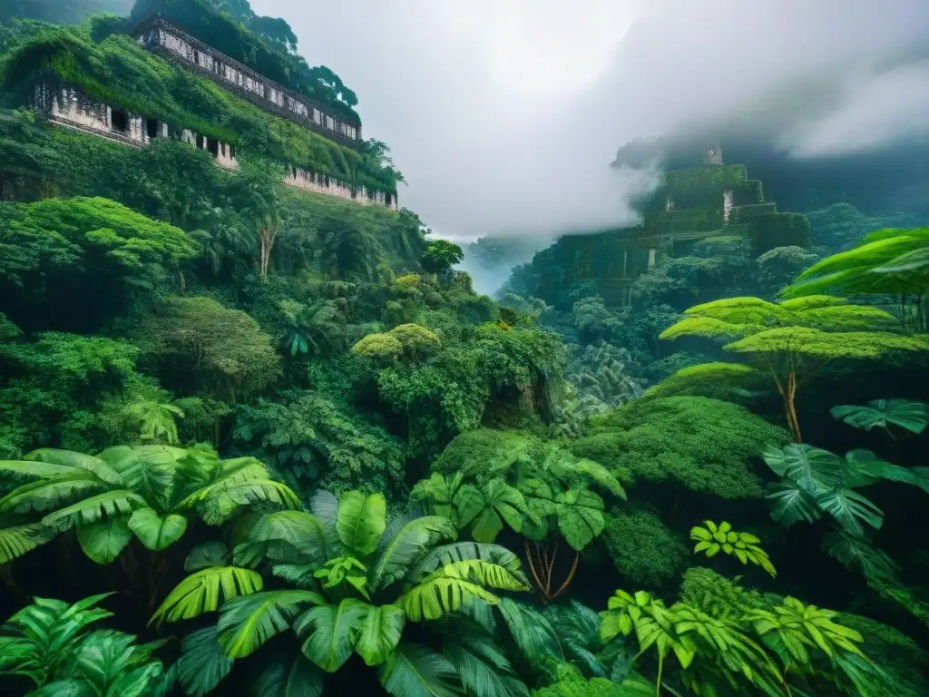 Escena detallada de la exuberante selva tropical maya, con fauna diversa y ruinas antiguas entre la vegetación