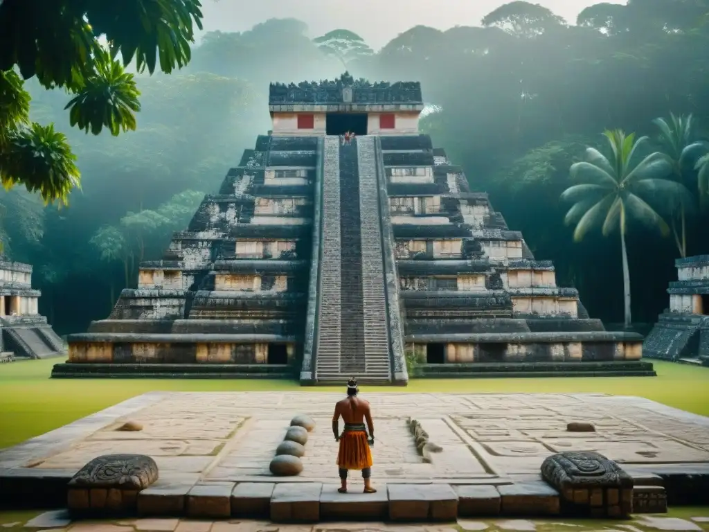 Escena detallada del juego de pelota maya con intrincadas esculturas de piedra y equipos en competencia, rodeados de exuberante vegetación