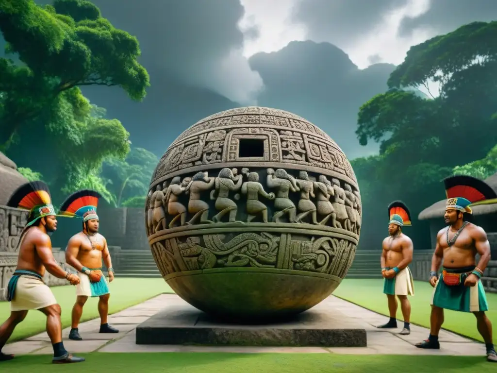 Escena detallada de un juego de pelota en una antigua civilización maya