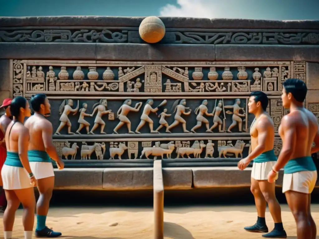 Escena detallada del juego de pelota maya y su impacto en la estructura social, con jugadores y espectadores mostrando determinación y reverencia