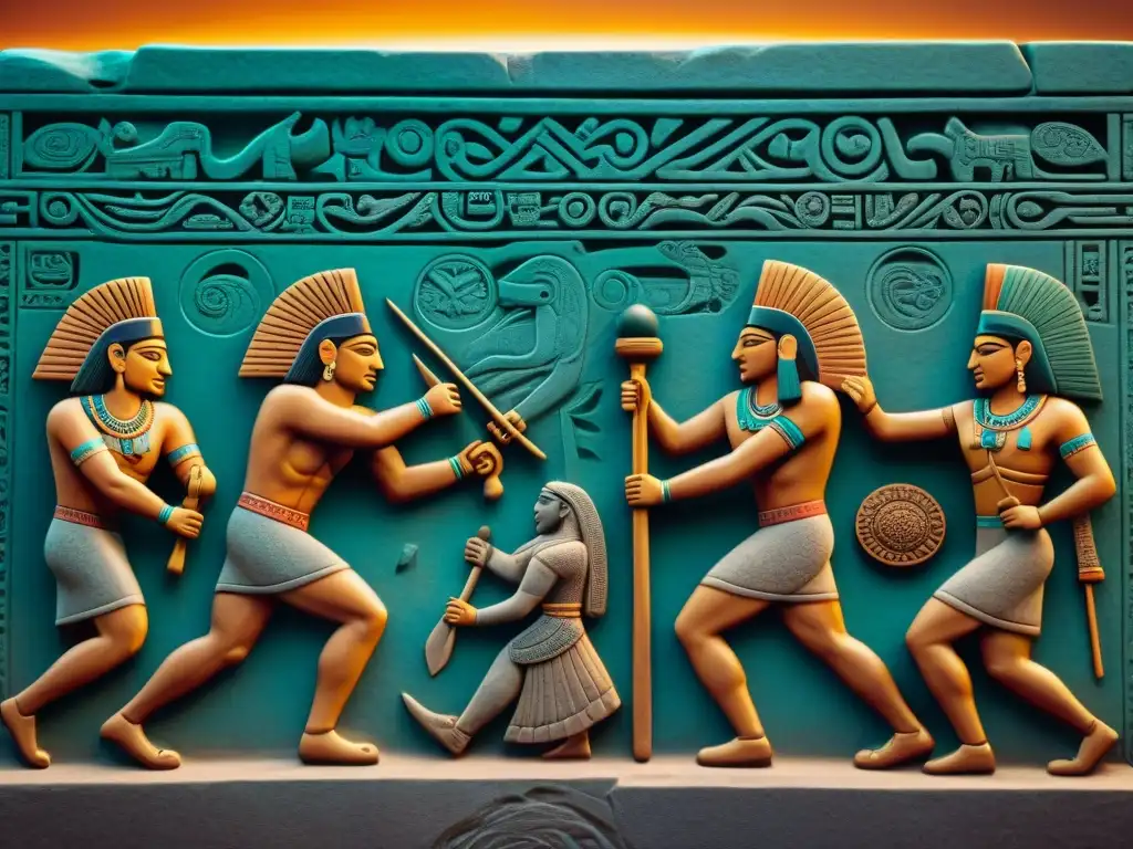 Escena detallada de un juego de pelota mesoamericano antiguo, revelando la verdad detrás del Juego de Pelota en una escultura maya