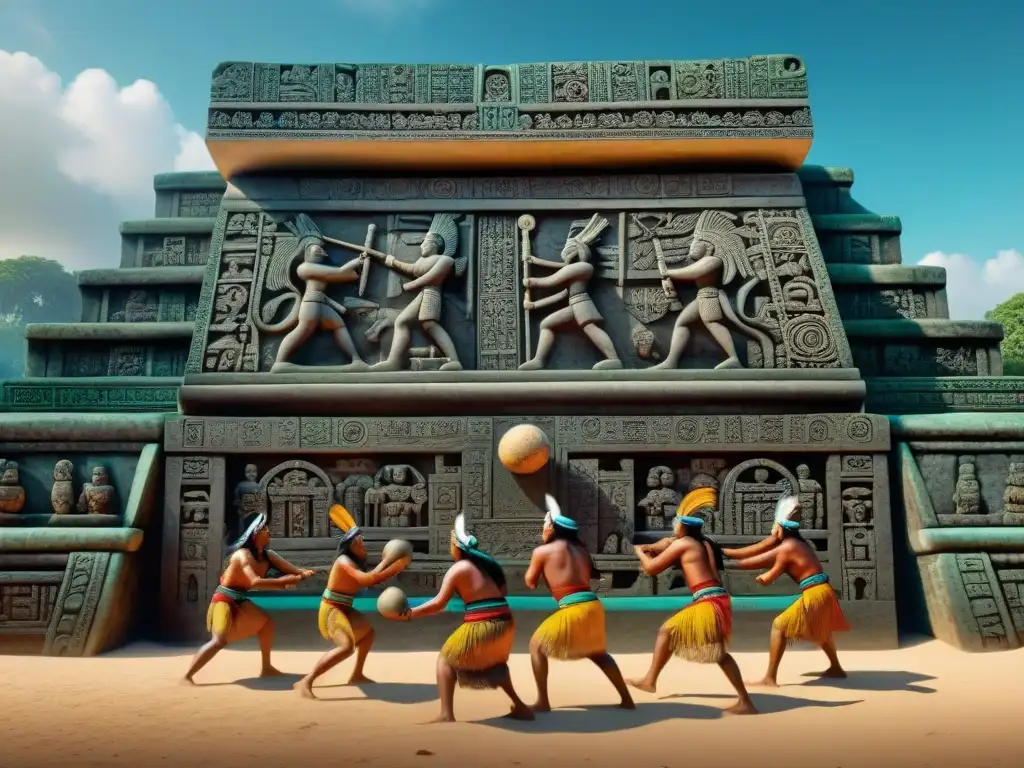 Escena detallada del Juego de Pelota Maya con atletas antiguos compitiendo en un emocionante partido en la ciudad maya