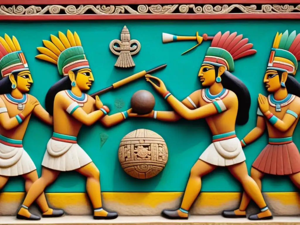 Escena detallada del Juego de Pelota Maya con jugadores en competencia en un majestuoso juego de pelota mesoamericano