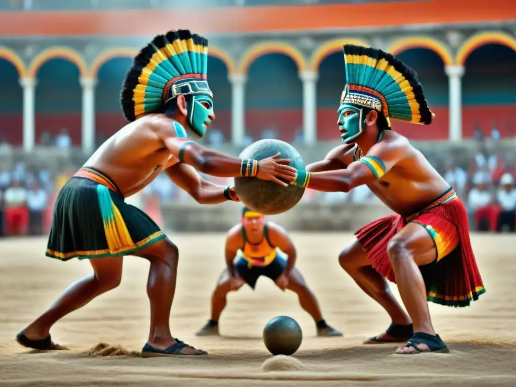 Escena detallada del Juego de Pelota en Maya, con jugadores, espectadores y cancha de juego