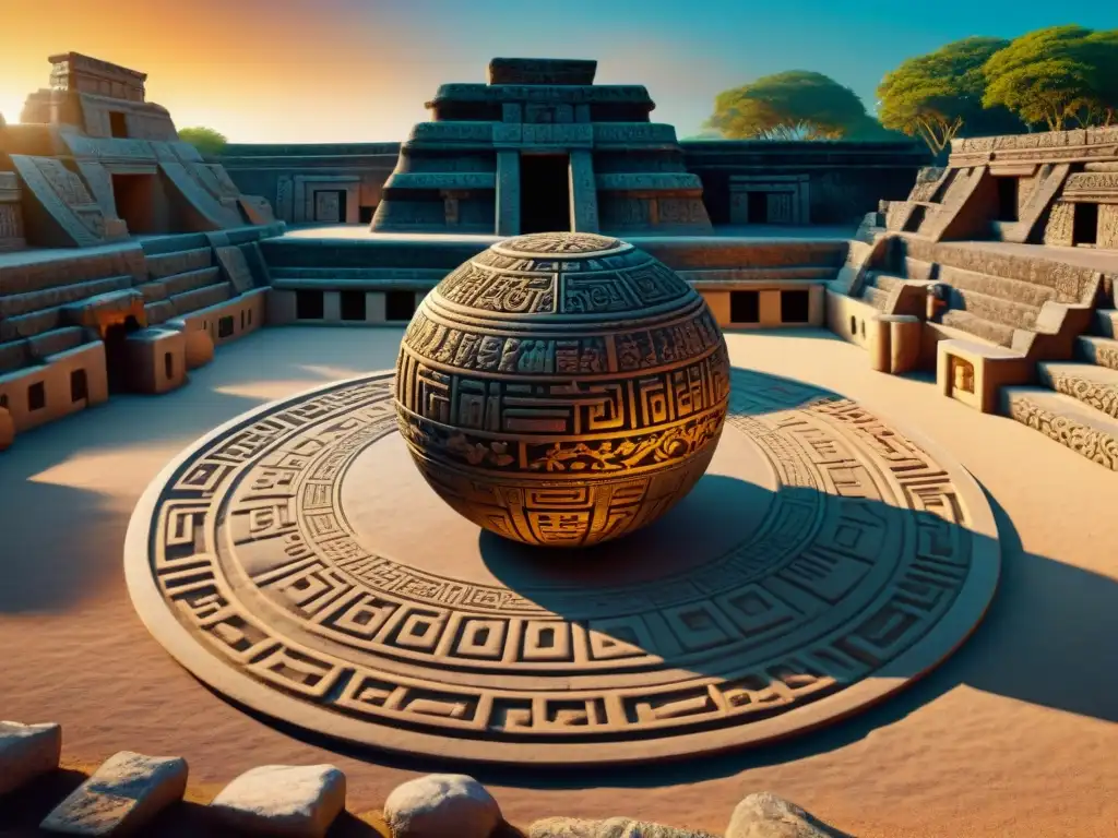 Una escena detallada de un juego de pelota Maya interactivo al anochecer, fusionando historia antigua con tecnología moderna