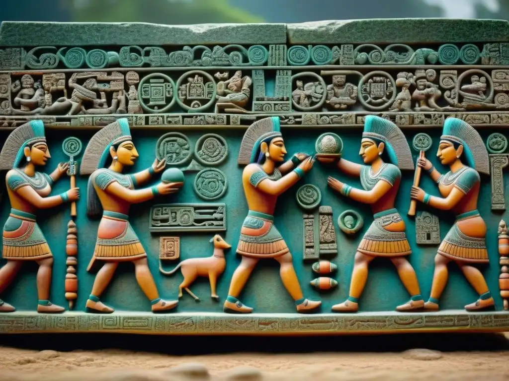 Escena detallada de juego de pelota maya con jugadores y espectadores, mostrando el significado cultural