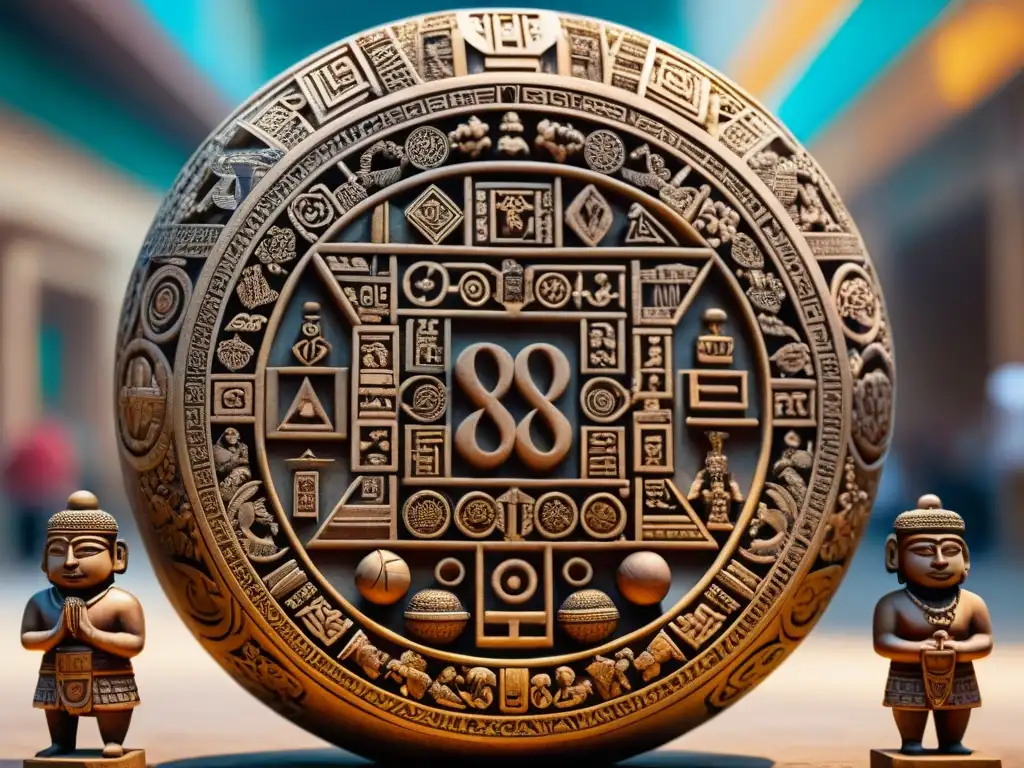 Escena detallada de matemáticos mayas en un juego de pelota, rodeados de símbolos matemáticos y formas geométricas en un mercado maya