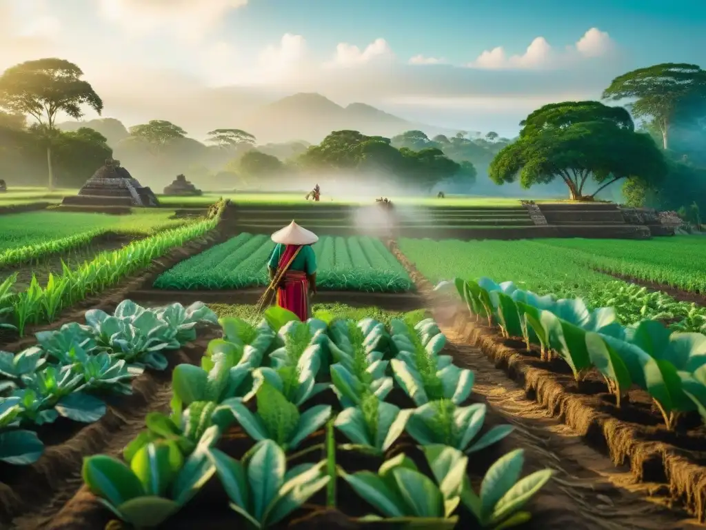 Una escena detallada de agricultura maya sostenible, donde los campesinos siguen el Calendario maya en armonía con la naturaleza