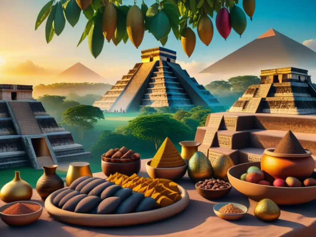 Escena detallada del mercado maya con la importancia del cacao en mayas