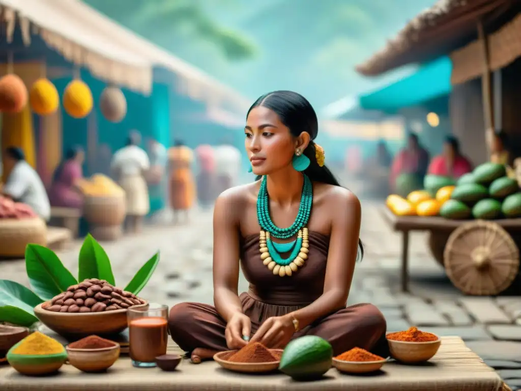 Escena detallada de mercado maya con uso del cacao en ceremonias y vida diaria