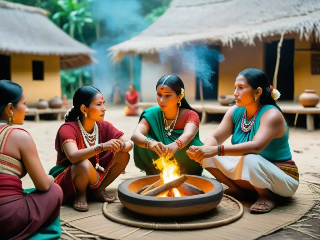 Escena detallada de mujeres mayas en un pueblo, tejiendo, cocinando y enseñando, resaltando el Rol de la mujer maya