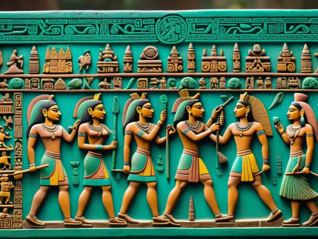 Escena detallada de panel maya con contacto civilizaciones mayas transoceánicas: comercio de cacao, jade y obsidiana con extranjeros en templo remoto