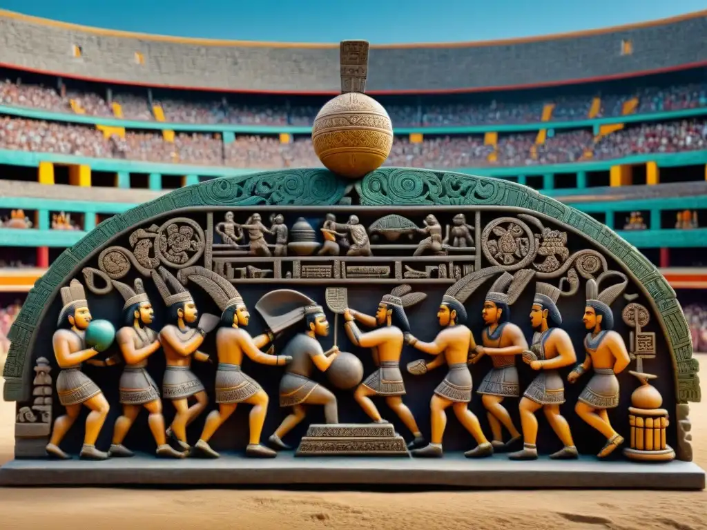 Escena detallada de un relieve maya del Juego de Pelota civilización maya, mostrando el juego sagrado y sus espectadores