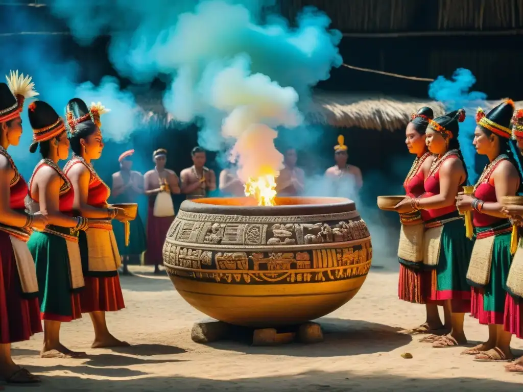 Escena detallada de ritual maya con chicha, resaltando la importancia de la chicha en rituales mayas