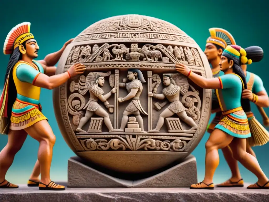 Escena detallada de tallado en piedra de atletas mayas en intenso juego de pelota, resaltando técnicas del Juego de Pelota Maya