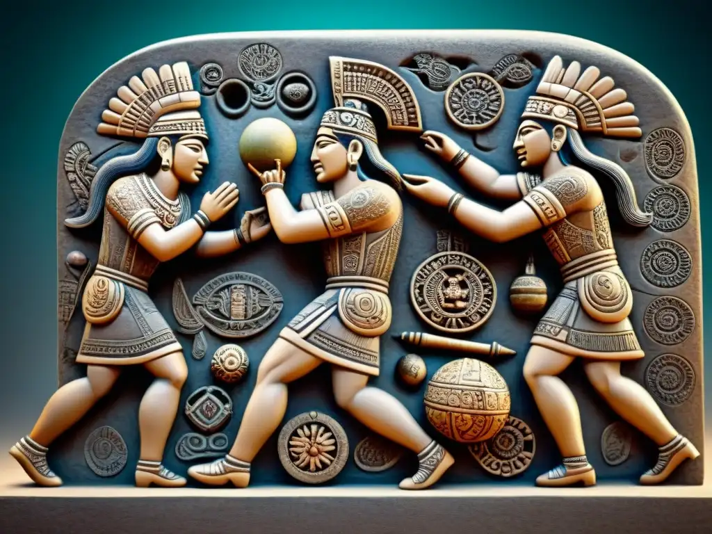 Escena detallada de tallado en piedra de atletas mayas en juego de pelota, mostrando moda en el juego de pelota