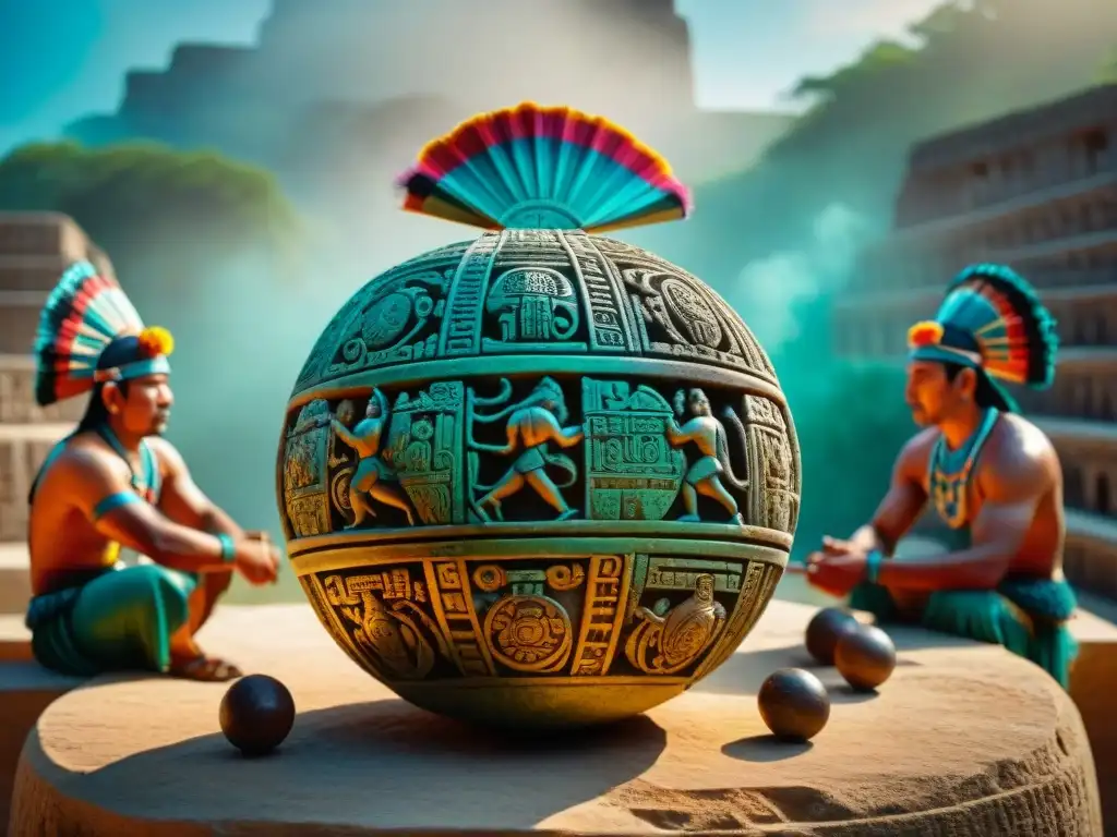 Escena detallada de tallado en piedra del juego de pelota maya, destacando el significado espiritual y cultural