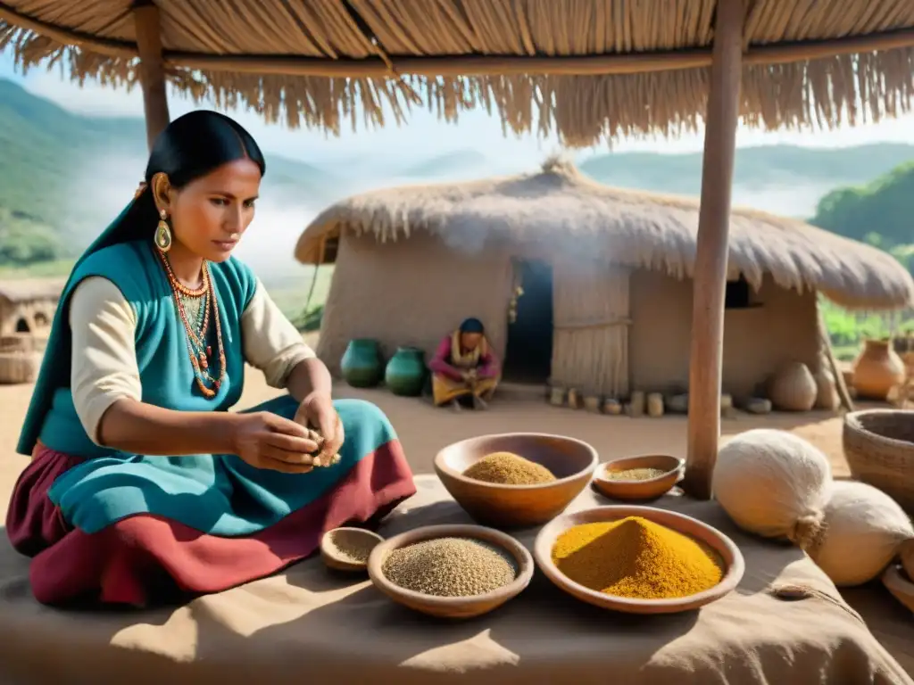 Escena detallada de la vida cotidiana en Joya de Cerén: indígenas realizando actividades como agricultura, cocina y artesanía en la antigua aldea