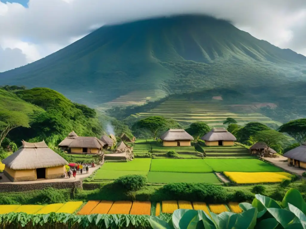 Escena detallada de la vida cotidiana en Joya de Cerén, con mercado bullicioso y paisaje impresionante de El Salvador