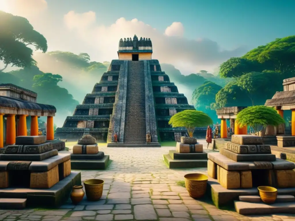 Escena digital de una plaza maya con realidad aumentada en ciudades mayas, templos de piedra detallados y actividades cotidianas