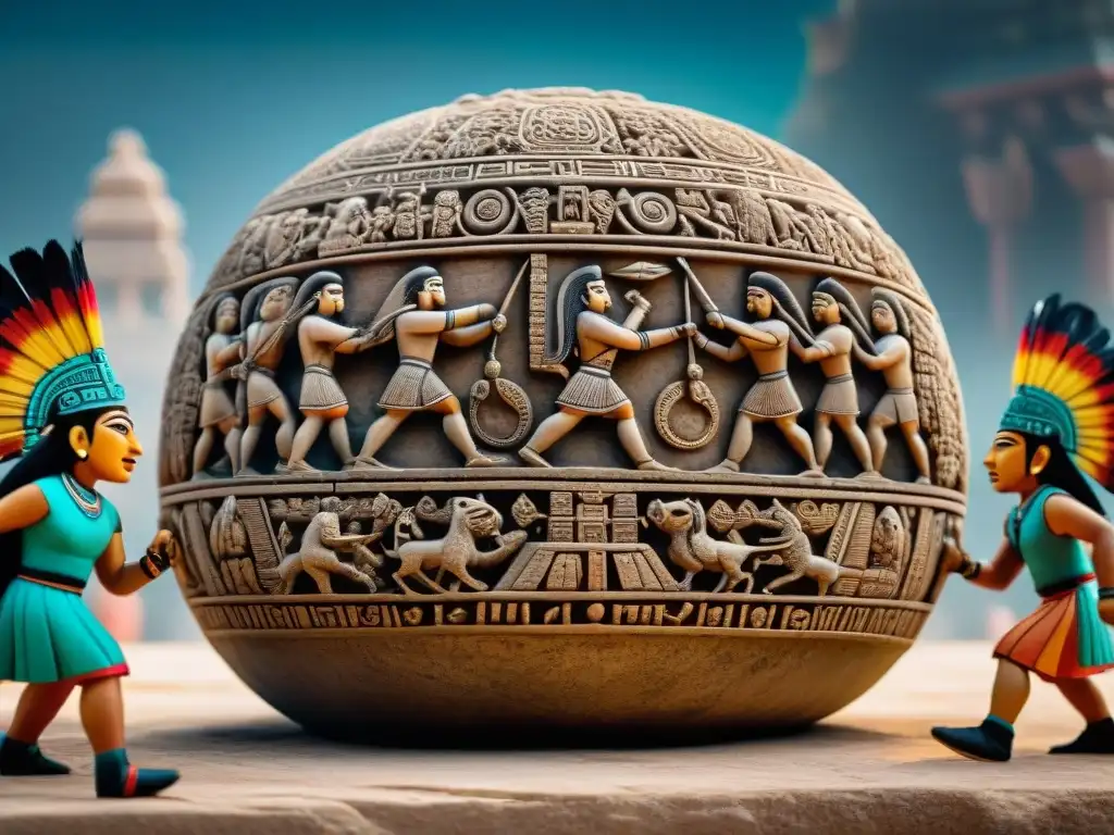 Escena dramática del juego de pelota maya, jugadores con tocados y plumas compiten en una cancha rodeada de espectadores