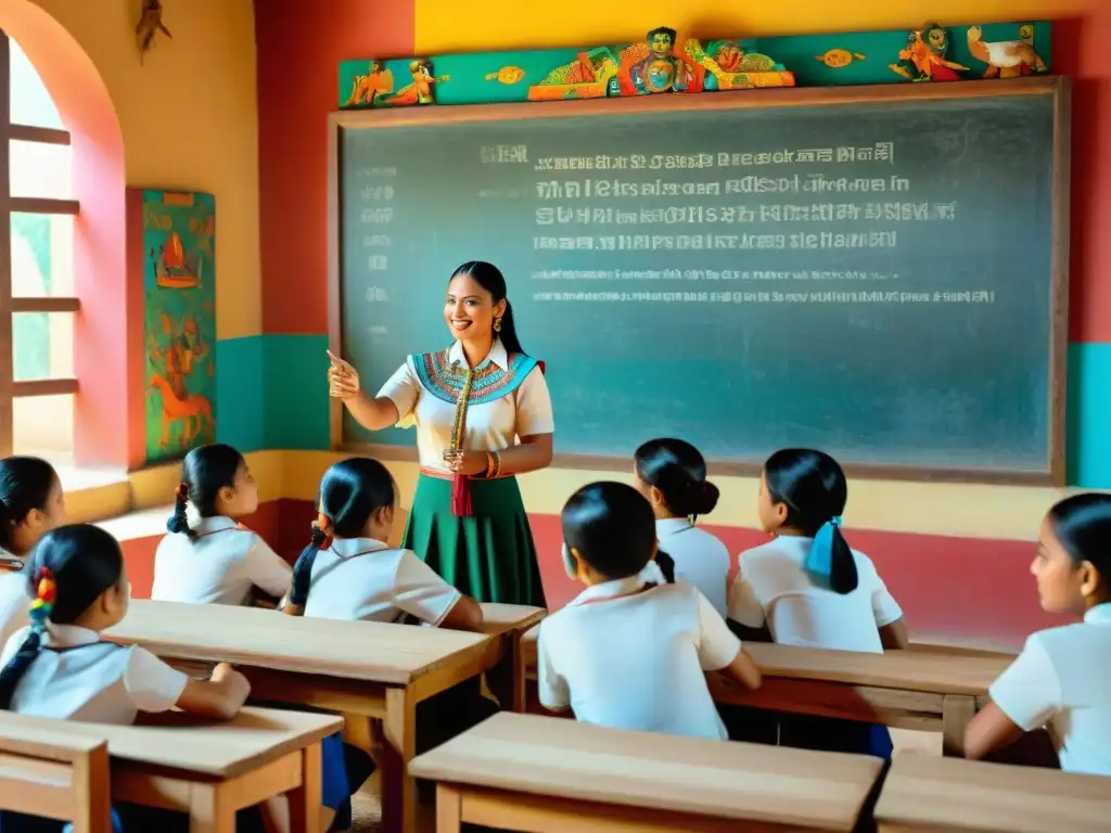 Escena educativa maya con juegos, murales coloridos y tradiciones antiguas