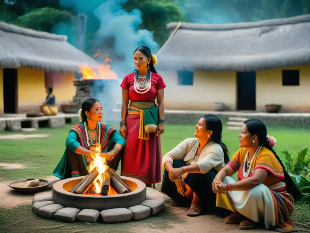 Escena de empoderamiento femenino en sociedad maya: mujeres tejendo, cultivando y cuidando niños alrededor de una fogata en una aldea rural