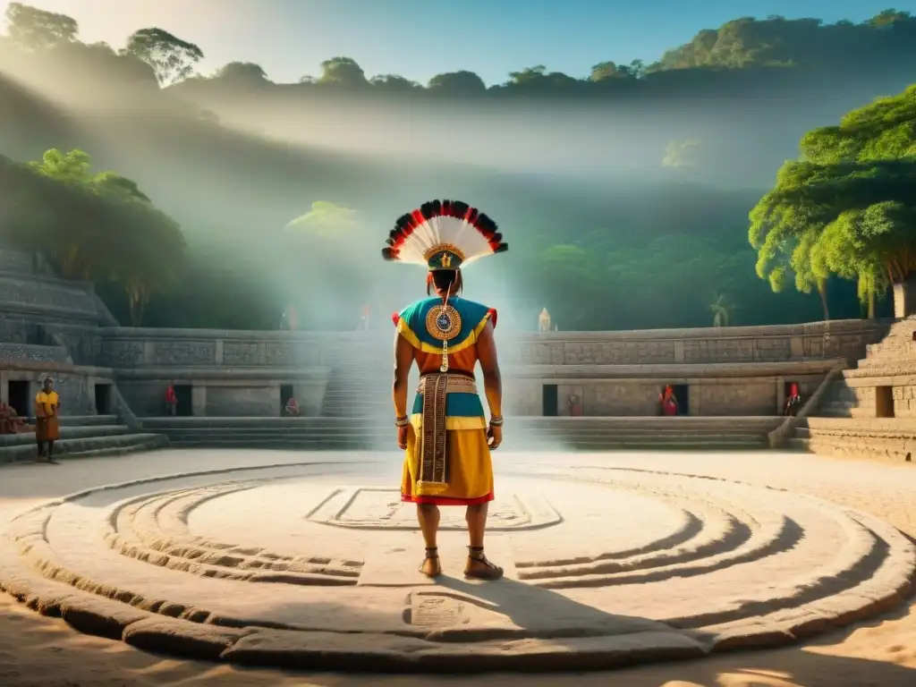 Escena espiritual del Juego de Pelota: comunidad maya moderna en juego vibrante bajo el sol dorado, rodeada de vegetación exuberante