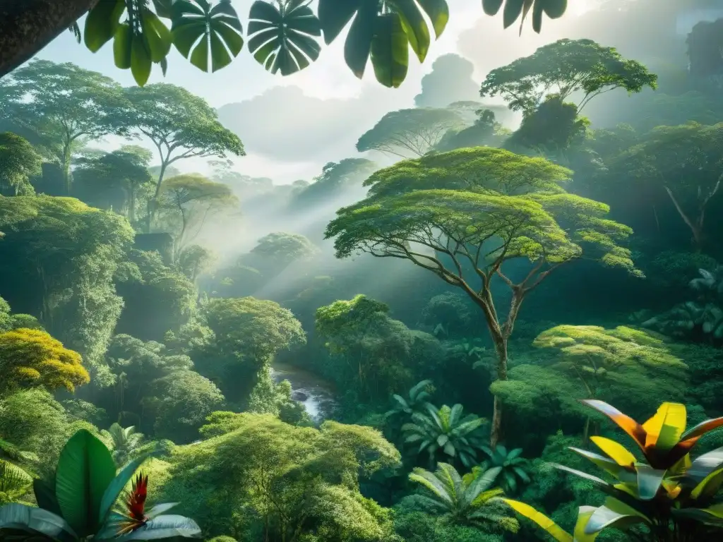 Escena exuberante de la ecología en la civilización maya: selva tropical, flora y fauna autóctona en armonía