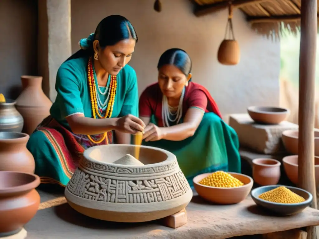 Escena de familia maya molendo maíz en metate, destaca vestimenta colorida y utensilios antiguos