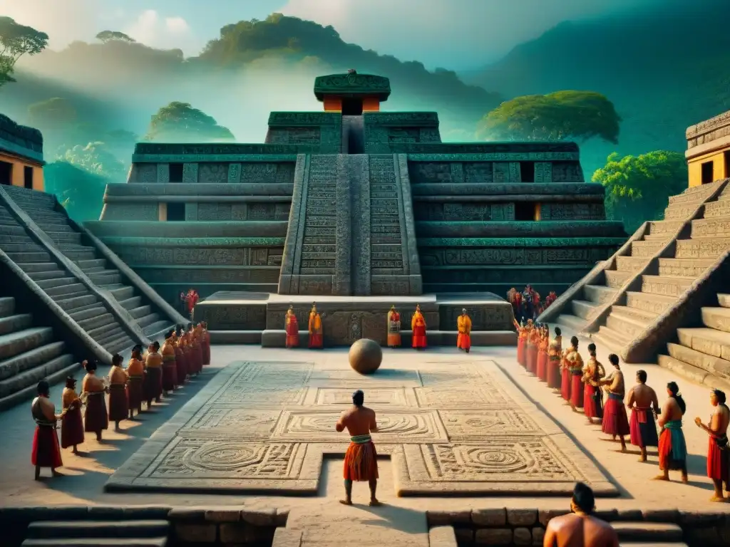 Escena impactante de juegos de pelota maya ritual, con detalladas esculturas de piedra y espectadores asombrados